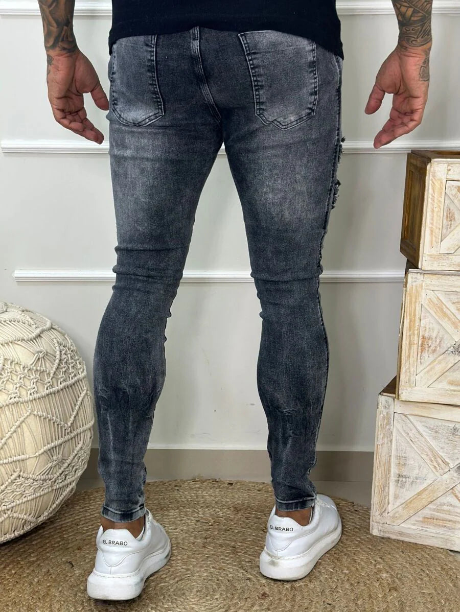 Calça Denim Masculina Super Skinny Rasgada Premium